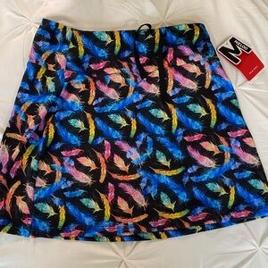 Meloo Women's Black Multicolor Feather Print pickle ball tennis golf skort nwt